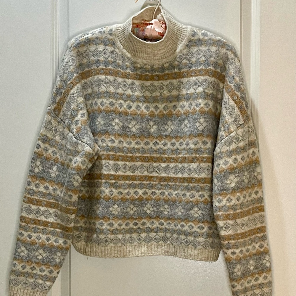 London Kaye Fair Isle Mock-neck Alpaca Blend Sweater Cream, Gray, Tan Size Small